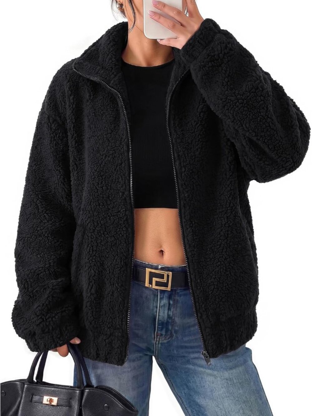 Women's Black Long Sleeve ZIP Teddy Coat Oversized Sherpa Fleece Jacket